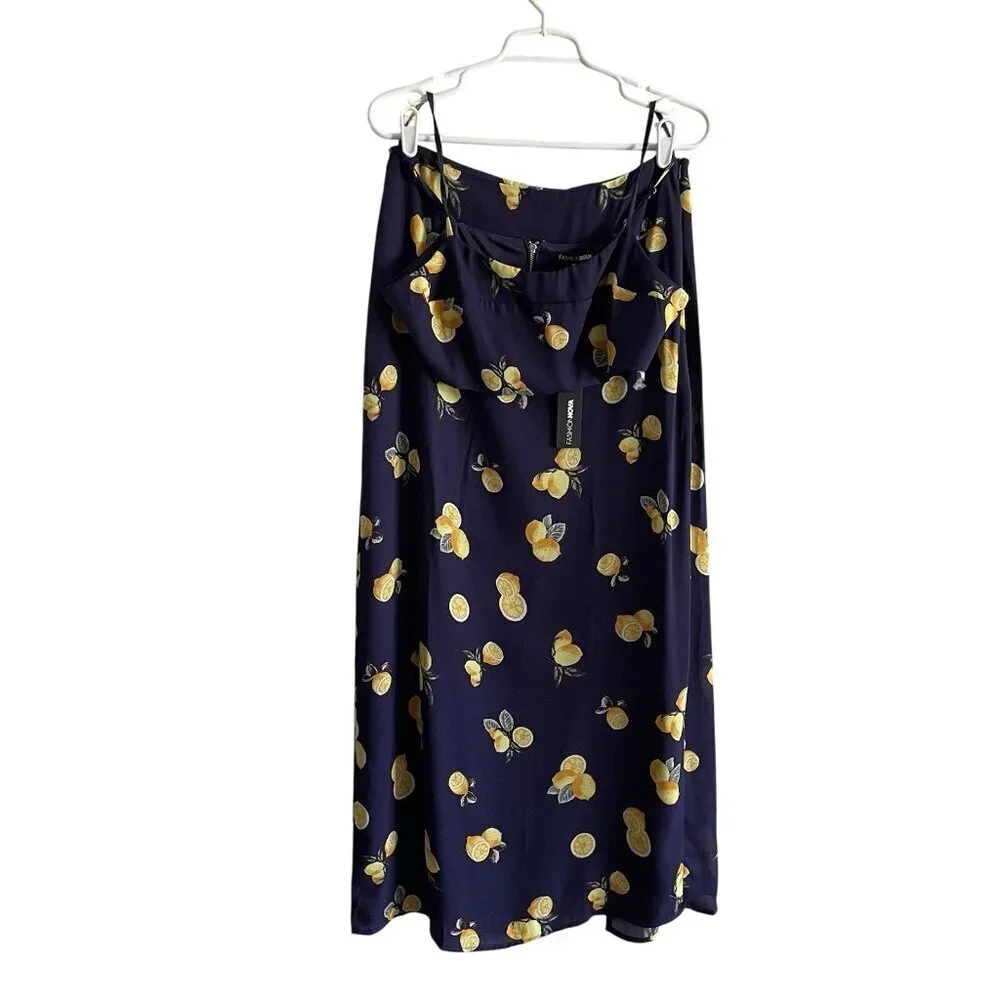 Fashion Nova Women M Navy Blue Lemon Pie Crop Tank Top Maxi Skirt Set NWT